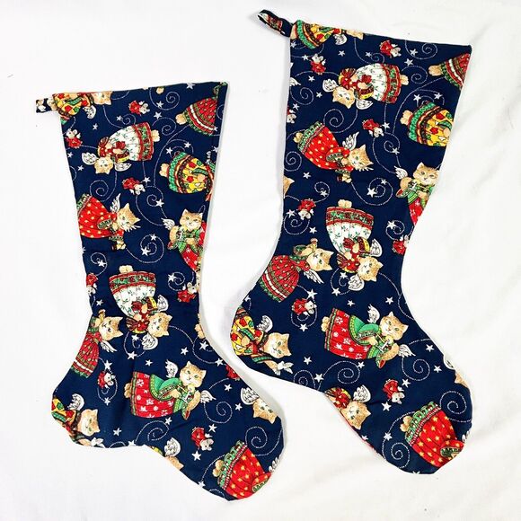 Vtg Handmade Pair of Lined Fabric Christmas Stockings Cat Angels 18” - Picture 2 of 4
